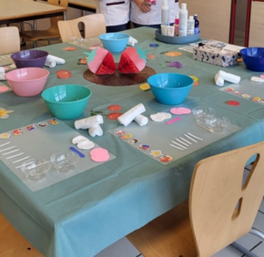 atelier collectifs table avec support et produits cosmétique